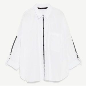 Zara Basic Editions White With Navy Contrast Piping Relaxed Button Down Shirt XS